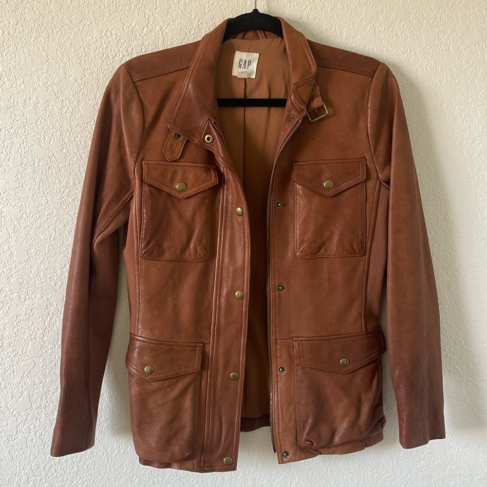 Gap Front Pocket Rib-Knit Trim Brown Leather Jacket Small